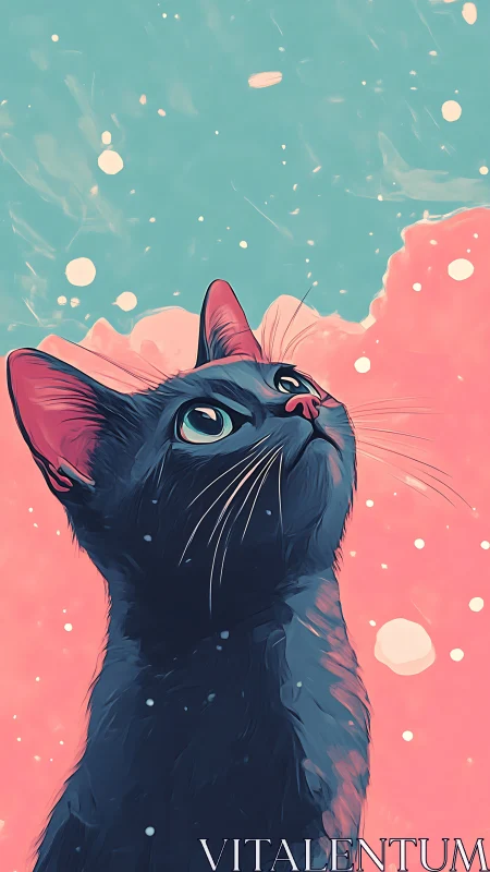 Dark Feline Portrait with Luminous Eyes in Dreamlike Turquoise and Coral Gradient Atmosphere