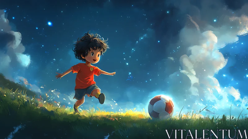 Young soccer dreamer runs under a magical starlit sky.