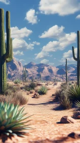 Sunlit cactus trail winding through painted desert peaks.