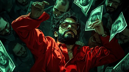 Man in red shirt lies among banknotes and surrounding figures