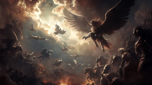 Epic aerial clash of armored angels over burning battlefield.