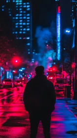 Backlit urban silhouette in neon magenta and cyan streetscape.