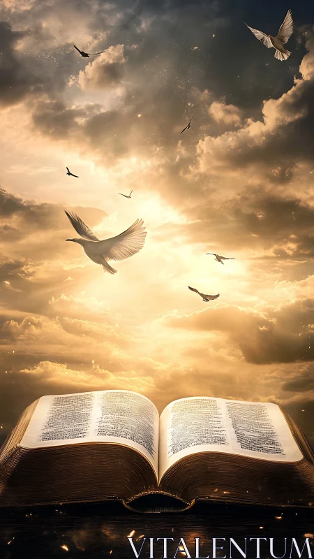 Sunlit scripture awakens doves in a sky of burning gold.