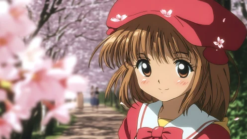 Smiling anime girl walks under soft spring cherry blossoms