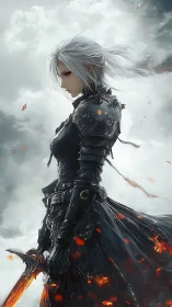 Silver haired warrior in black armor with flaming sword.