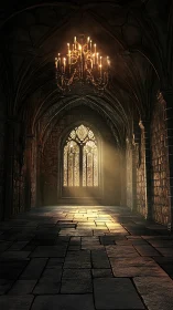 Gothic stone corridor shows chandelier and stained glass window