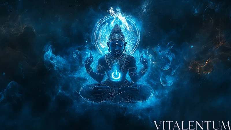 Serene cosmic deity glowing in swirling blue starlight.