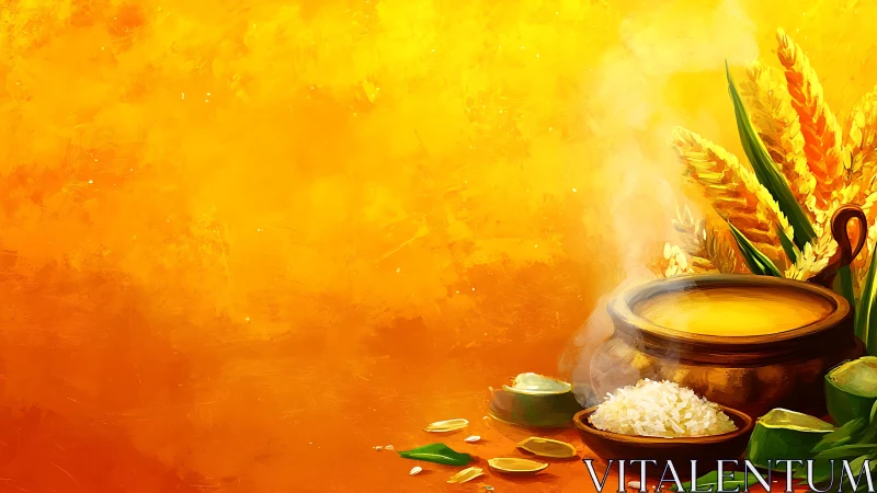 Harvest festival rice and steaming pot on vibrant saffron field.