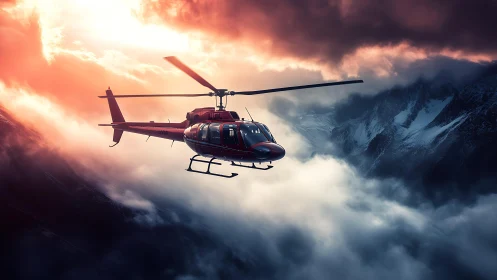 Red helicopter cuts through storm-lit alpine cloudscape.