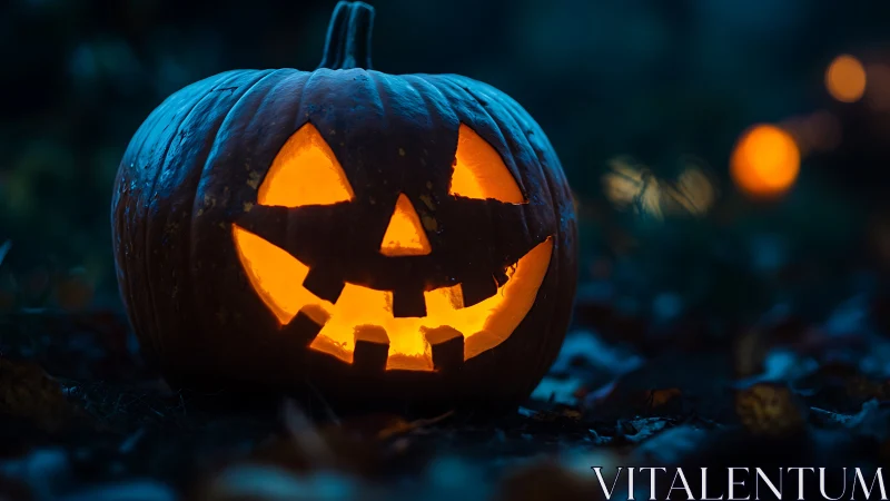 Jack-o’-lantern grins wildly through the velvet autumn dusk