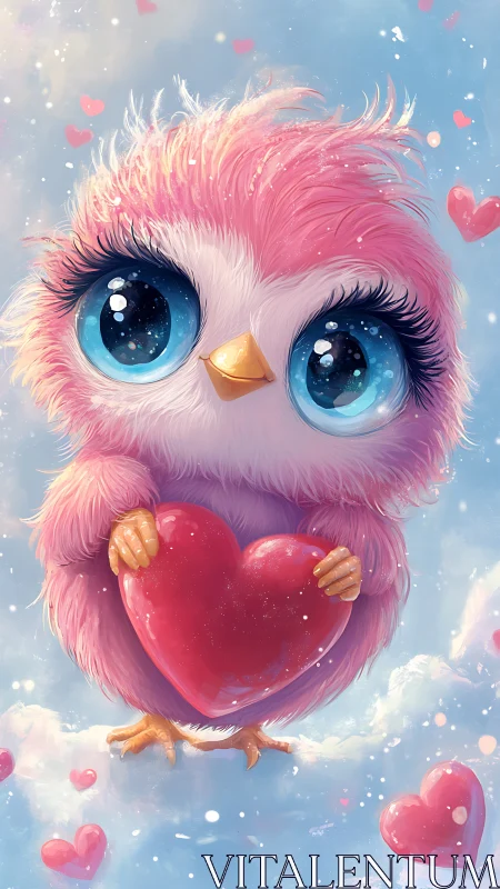 Pink fluffy owl holding red heart against soft sky background.