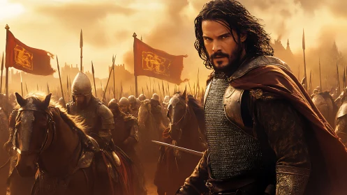 Medieval infantry and cavalry advance under orange battle sky