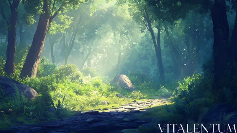 Illuminated forest pathway with stream and atmospheric light penetration through canopy structure