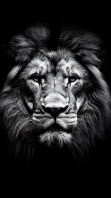 Monochrome lion portrait in stark chiaroscuro lighting.
