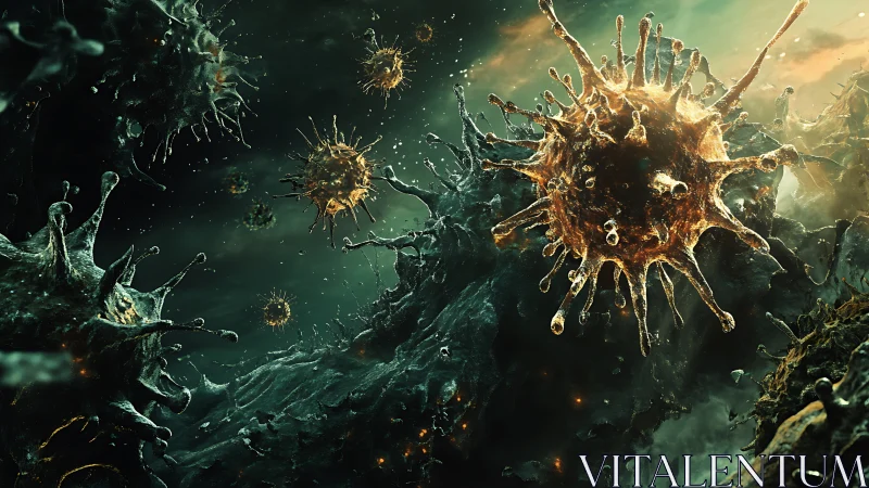 Microscopic viral particles in dense cellular environment.