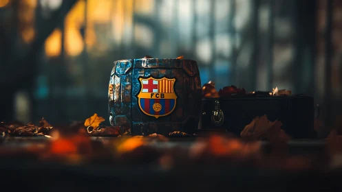 Barcelona crest glows on rustic mug in autumn bokeh scene.