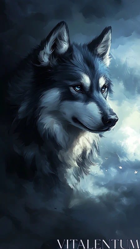 Midnight wolf gazing through silver mist and moonlit clouds.
