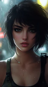 Rainlit heroine gazes forward with quiet, determined strength