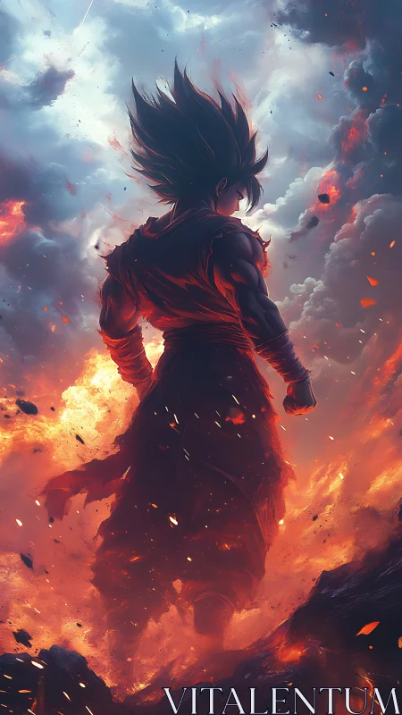 Backlit warrior silhouette in eruptive atmospheric inferno.