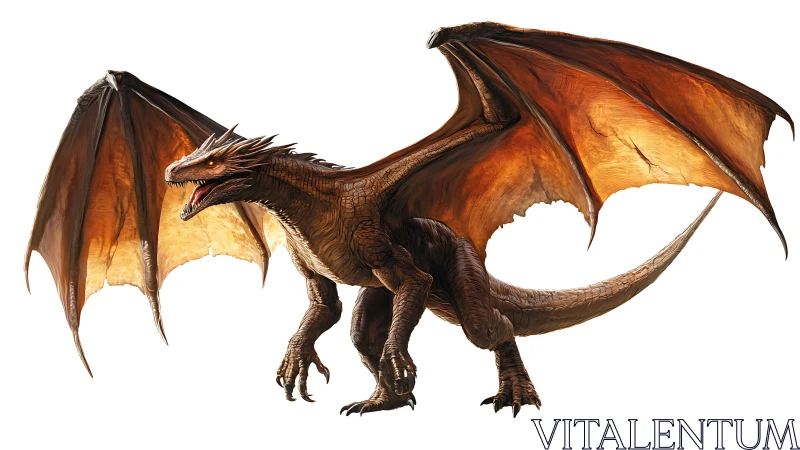 Dragon stands roaring with wings fully extended in profile
