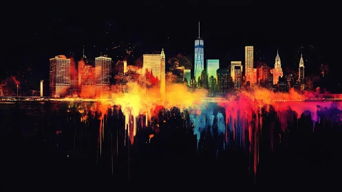 Neon gradient skyline with abstract paint-splash reflections at night