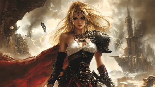 Battle-scarred warrior queen stalks ruined fantasy citadel