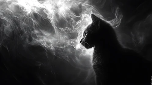 Silhouetted cat studies swirling luminous smoke in darkness