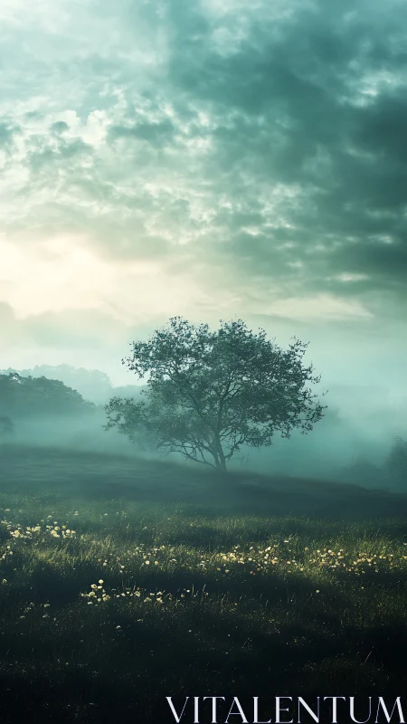 Solitary tree in misty meadow under brooding dawn sky.
