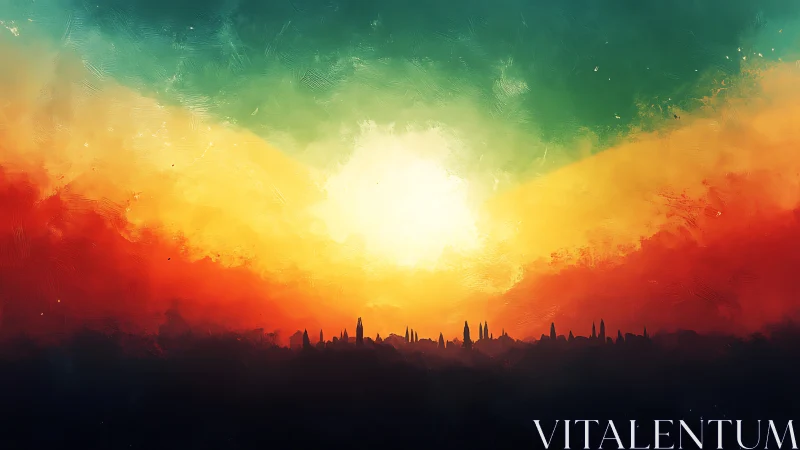 Sun disk illuminates distant city silhouette beneath clouds