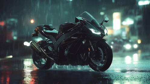 Sport motorcycle stands in rainlit neon city street at night