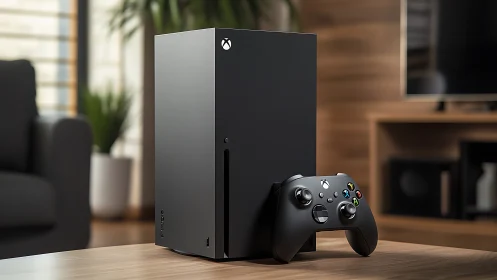 Monolith of play: sleek Xbox console crowned by controller.