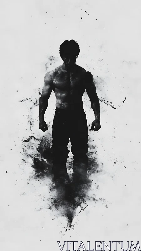 Silhouetted male figure formed by black ink dispersion.