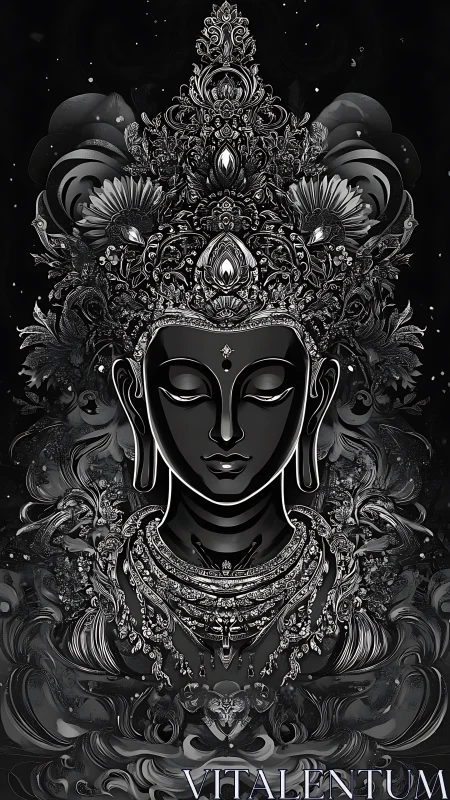 Intricate monochrome deity portrait renders ornate symmetrical filigree