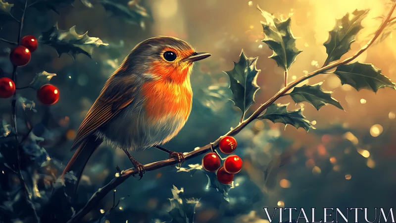 Robin of Winterlight perched among holly’s red lanterns.