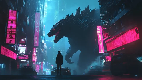 Colossal neon kaiju looms over rain soaked cyberpunk city
