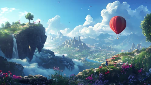 Expansive fantasy valley with hot air balloon and terraced florals