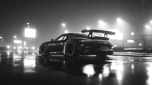 Sleek sports car cuts through rainy neon-lit night street