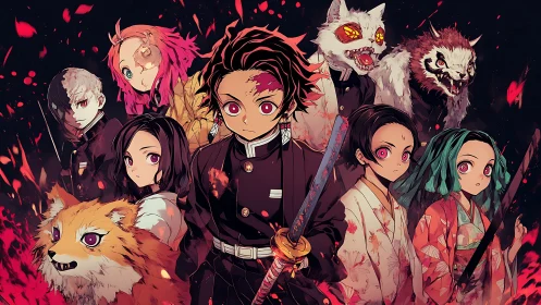 Blade-bright misfit squad amid fever-red demon dusk.