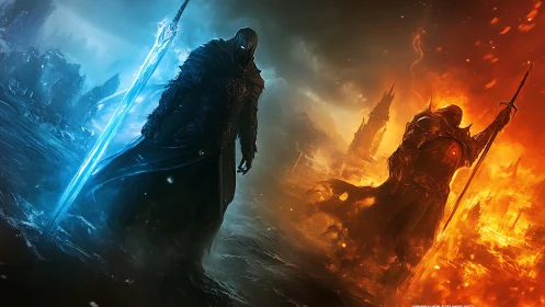 Elemental warrior duel framed by blue ice and burning fire.
