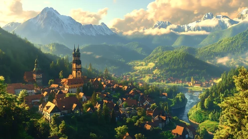 Mountain valley village with river and church towers.