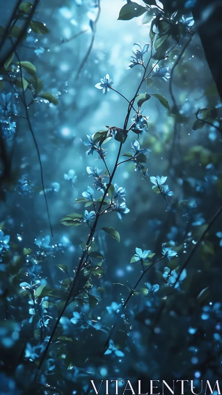 Blue wildflowers grow on slender branches in misty light