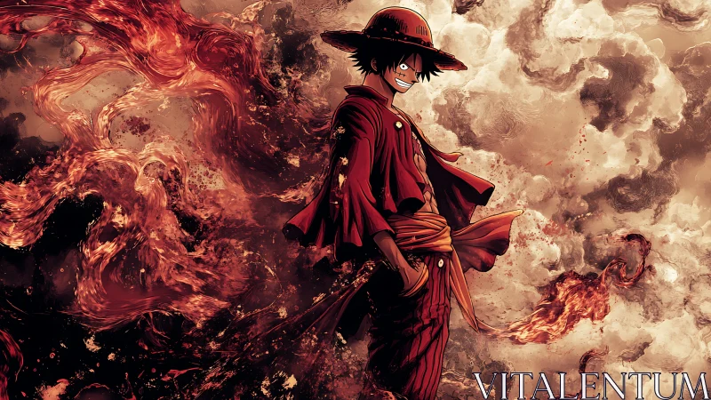 Anime pirate character stands amid swirling fire and smoke