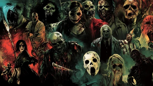 Chorus of Masked Nightmares in a Bloodlit Horror Gallery.