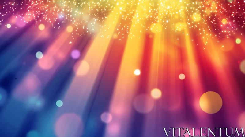 Multicolored light beams with bokeh circles and particles.