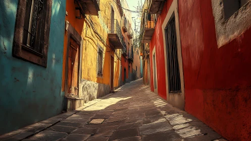 Colorful old town alleyway curves through warm sunlight.