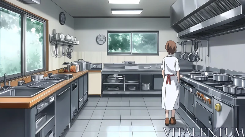 Sterile anime commercial kitchen with single focused chef figure.