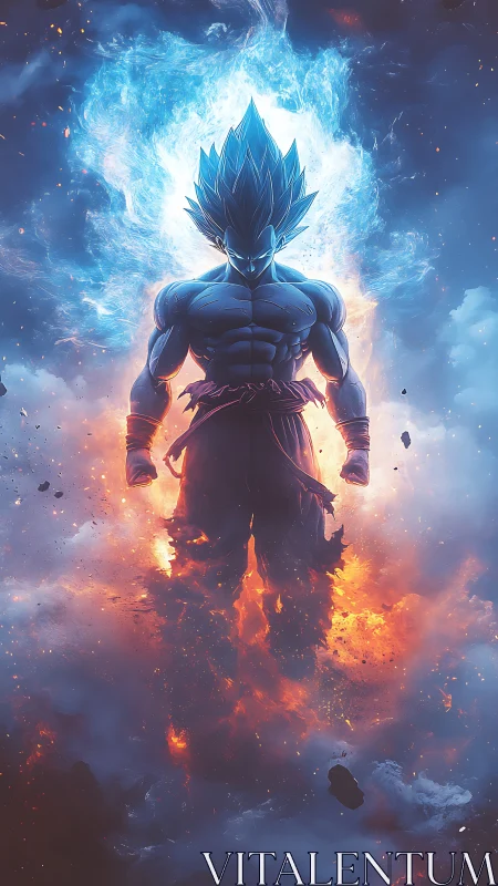 Energy-charged anime warrior rendered in atmospheric flames