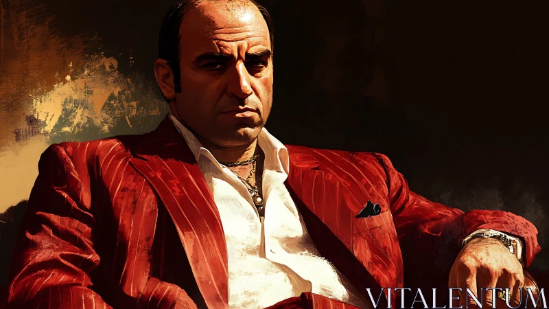 Imposing middle‑aged man in red pinstripe suit, chiaroscuro portrait