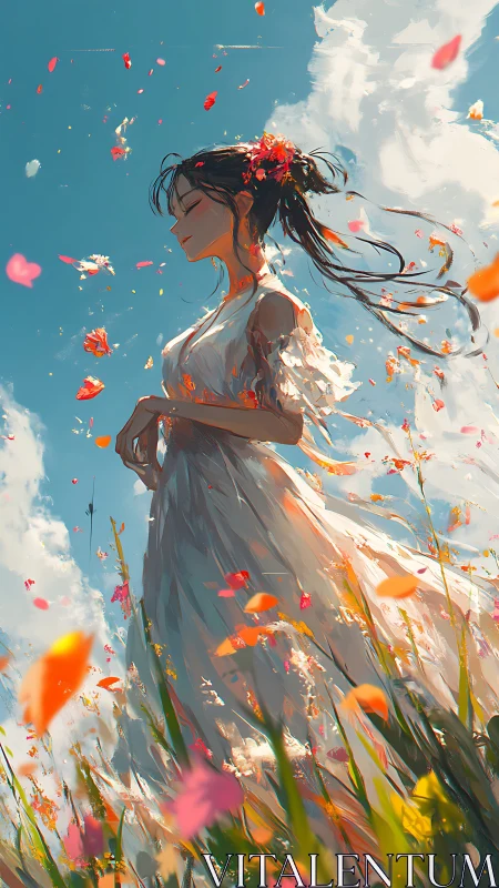 Young woman in flowing white dress embraces a windy meadow.