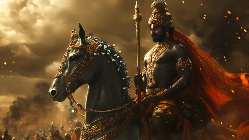 Armored warrior on horse amid stormy battlefield scene.